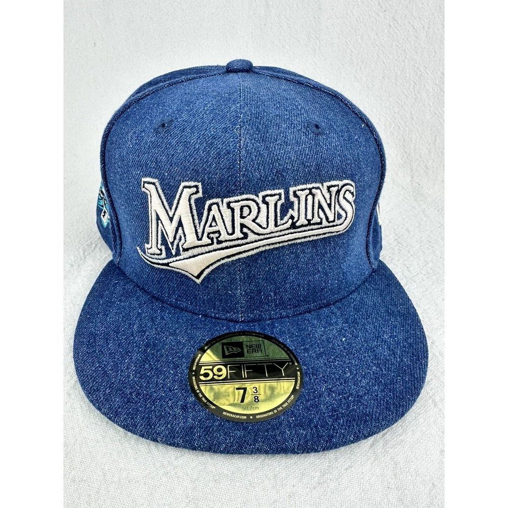 NEW ERA 5950 59FIFTY FITTED HAT MIAMI MARLINS DENIM SIDE PATCH‎ FLORIDA 7-3/8